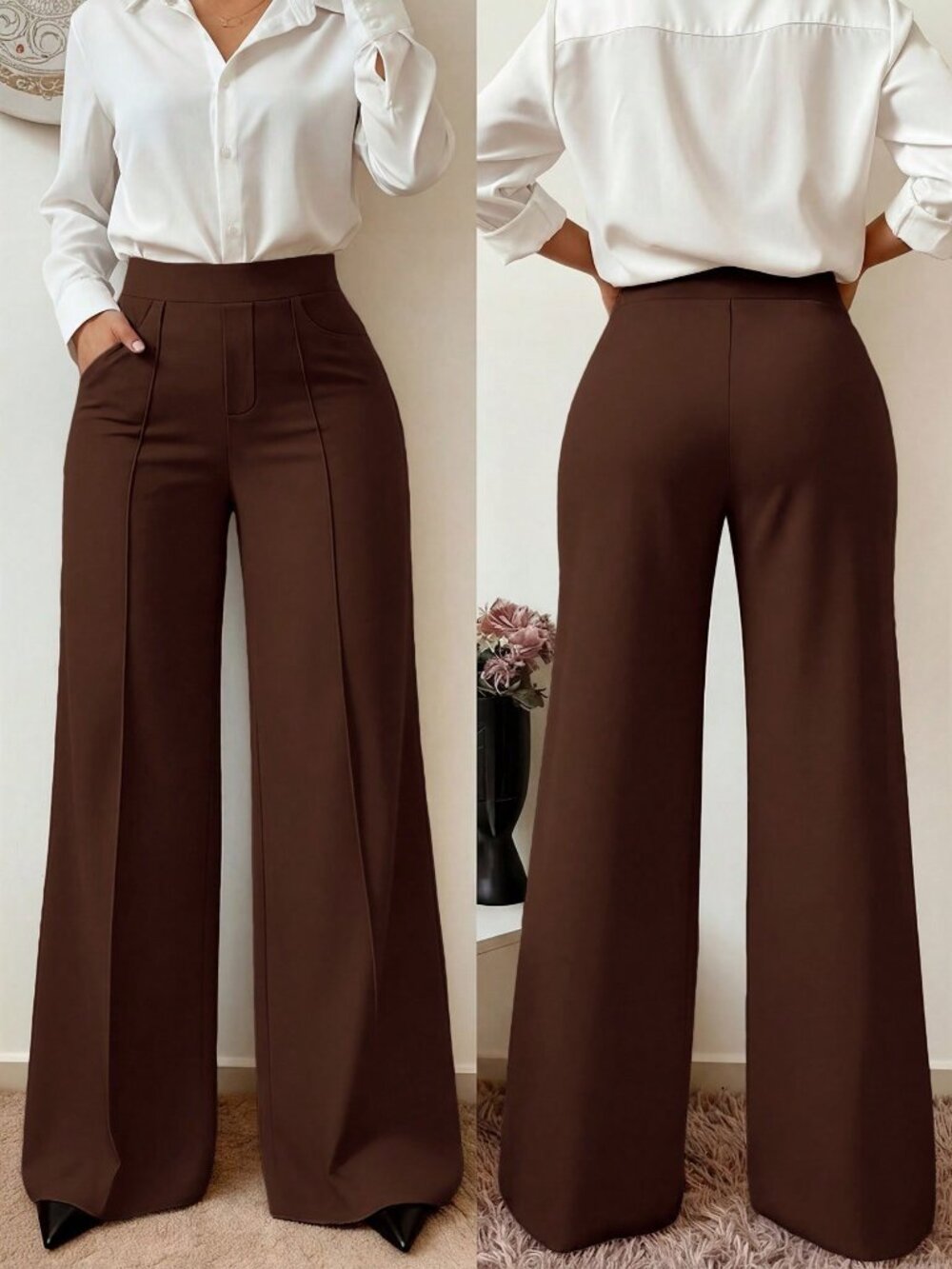 Brown Elegant Women's Regular Fit Elastic Waist Pocket Wide Leg Pants